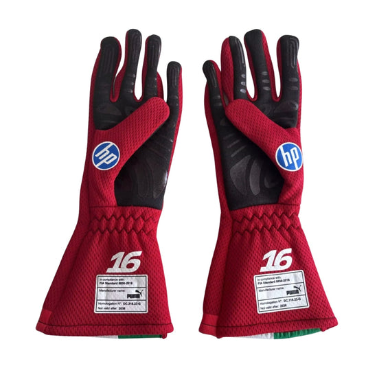 Red Charles Leclerc 2026 Ferrari Monaco GP F1 Race Gloves laid flat, front view, showing the full racing design and replica stitching