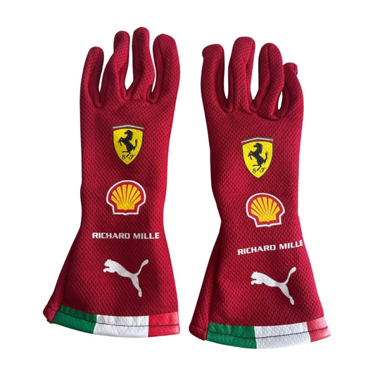 Red Charles Leclerc 2026 Ferrari Monaco GP F1 Race Gloves laid flat, front view, showing the full racing design and replica stitching
