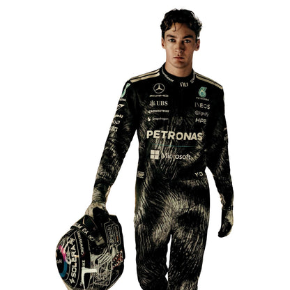 George Russell 2026 F1 Race Suit Mercedes Japanese GP with various sponsor logos, holding a helmet.