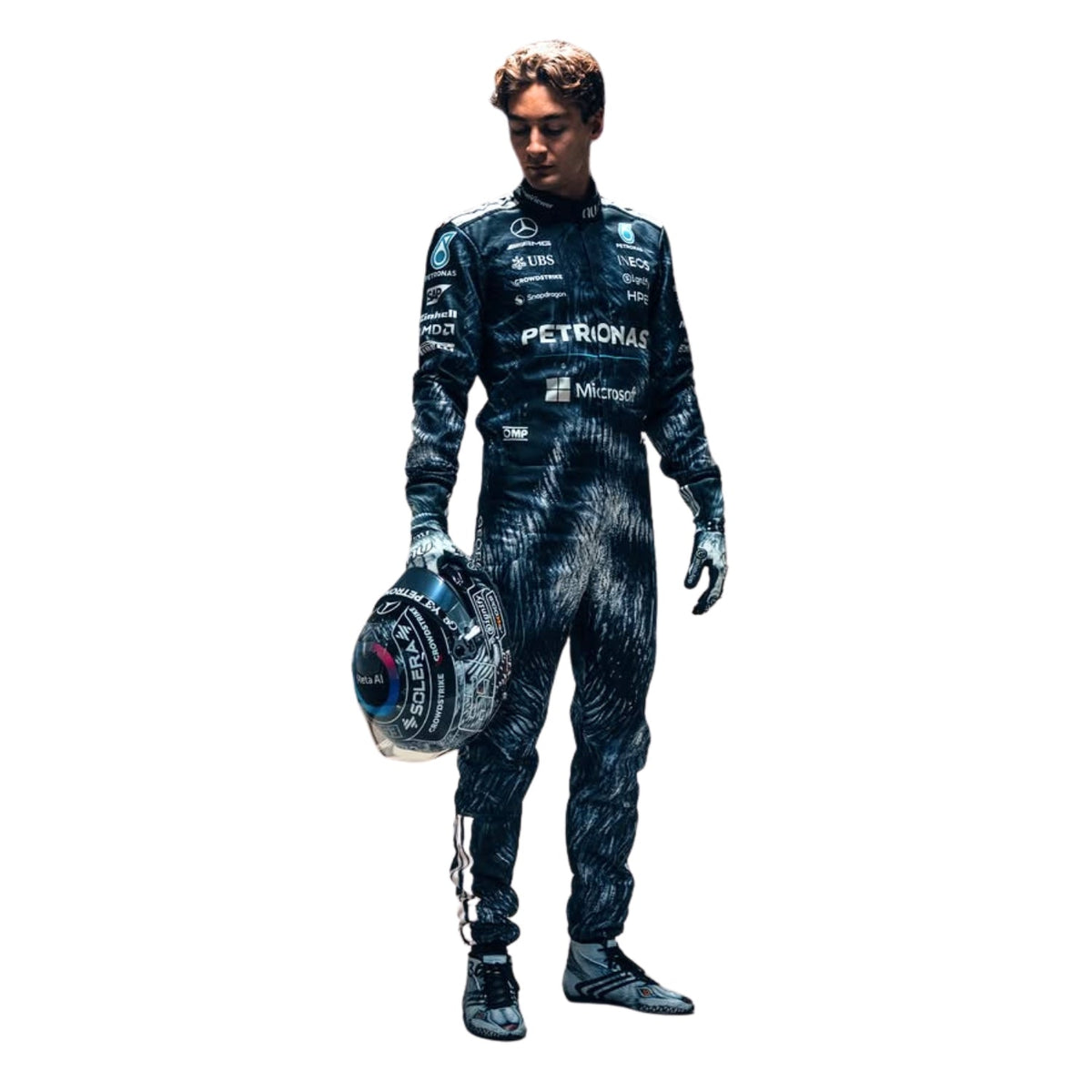 George Russell 2026 F1 Race Suit Mercedes Japanese GP holding a helmet on a white background