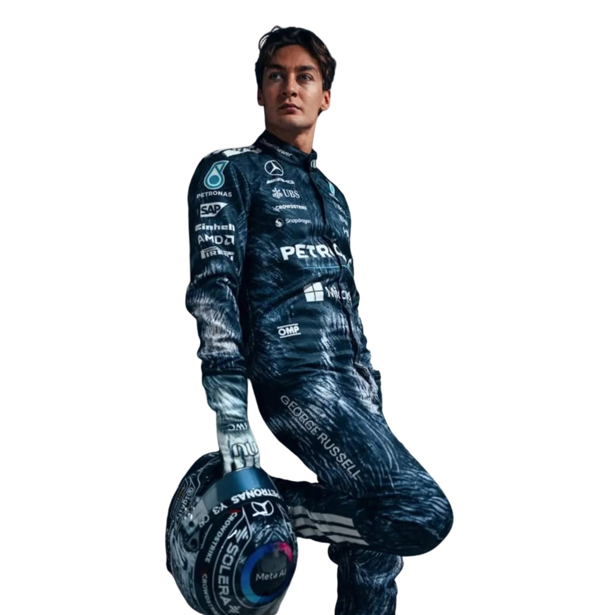 George Russell 2026 F1 Race Suit Mercedes Japanese GP with sponsor logos, sitting next to a racing tire close up view