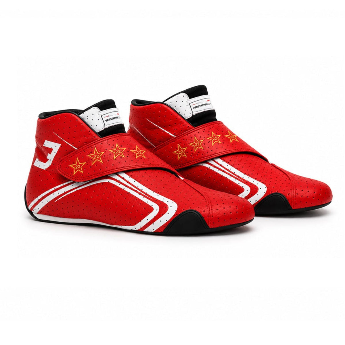 2026 Monaco GP Max Verstappen Racing Shoes in red, with neat stitching and a sleek racing shape. Race day attire footwear that matches any racing jumpsuit.