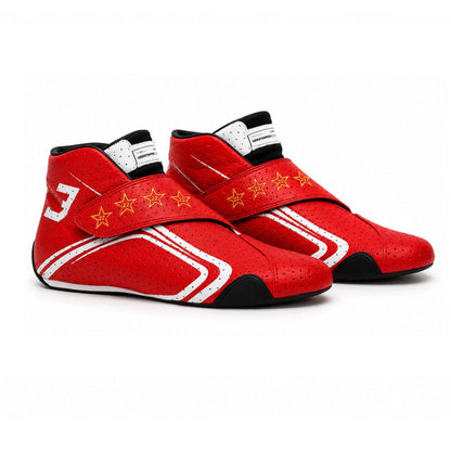 2026 Monaco GP Max Verstappen Racing Shoes in red, with neat stitching and a sleek racing shape. Race day attire footwear that matches any racing jumpsuit.