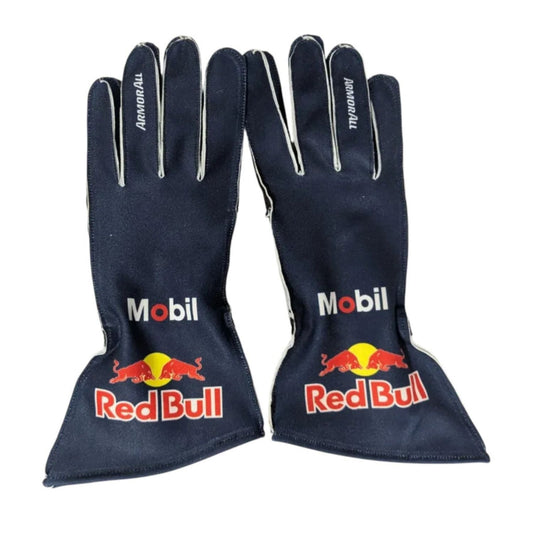 Red Red Bull Racing 2026 F1 Race Gloves laid flat, front view, showing the full racing design and replica stitching