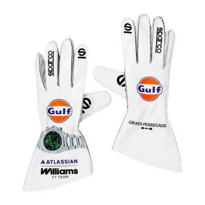 Red Williams Racing 2026 F1 Replica Race Gloves laid flat, front view, showing the full racing design and replica stitching