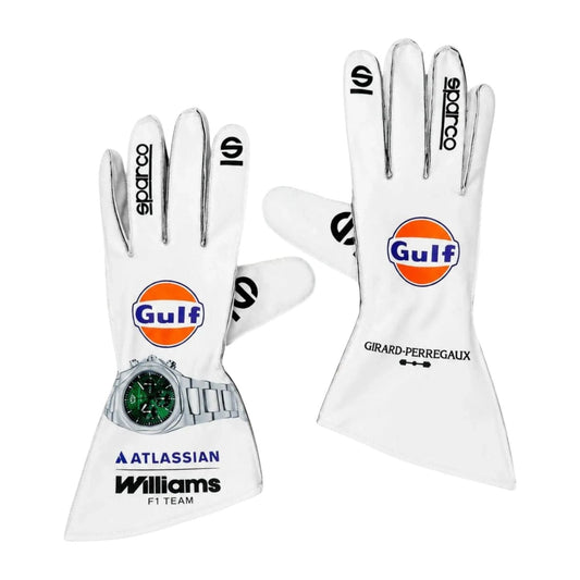 Red Williams Racing 2026 F1 Replica Race Gloves laid flat, front view, showing the full racing design and replica stitching