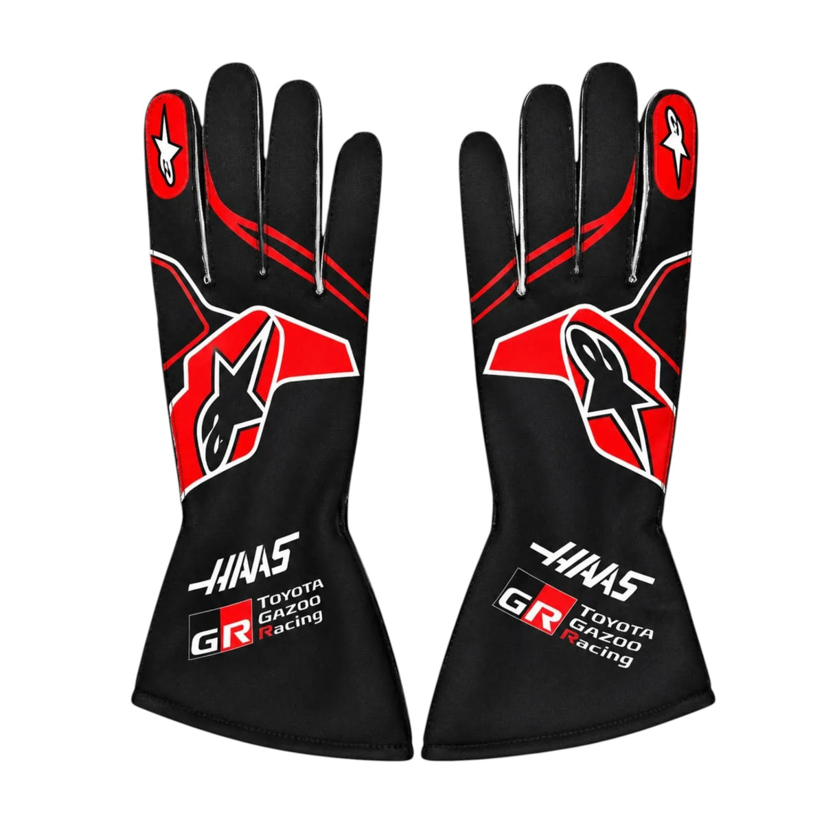 Red Haas 2026 F1 Race Gloves laid flat, front view, showing the full racing design and replica stitching