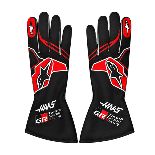 Red Haas 2026 F1 Race Gloves laid flat, front view, showing the full racing design and replica stitching