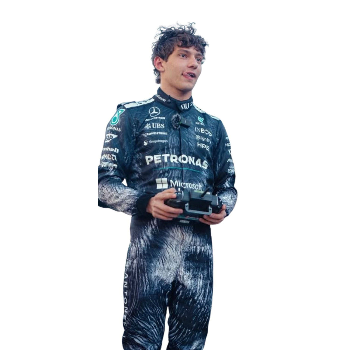 Andrea Kimi Antonelli 2026 F1 Race Costume Replica Mercedes Japanese GP with visible branding close up view