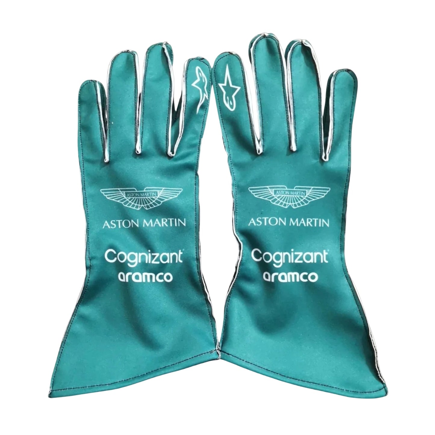 Green Aston Martin Race Gloves F1 laid flat, front view, showing the full racing design and replica stitching