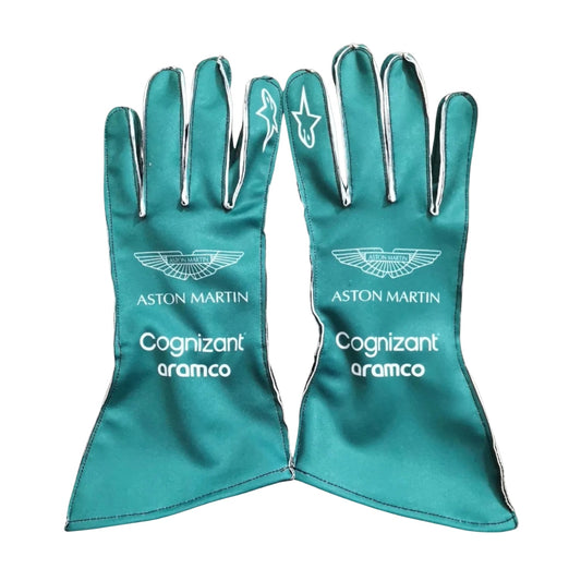 Green Aston Martin Race Gloves F1 laid flat, front view, showing the full racing design and replica stitching
