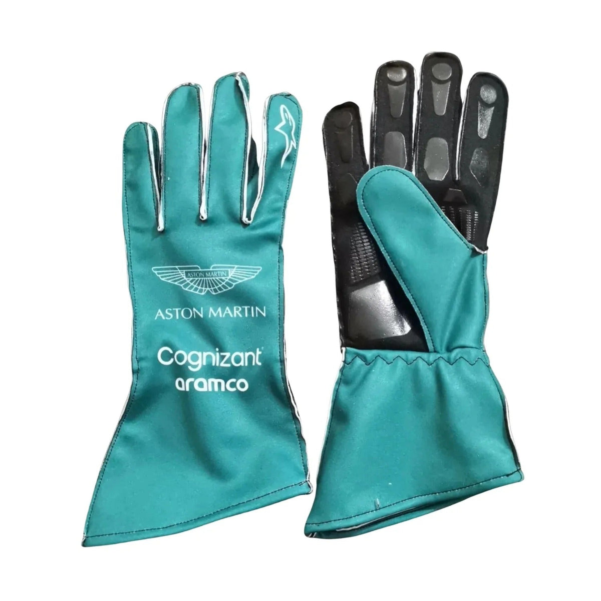 Teal Aston Martin Race Gloves F1 with Aston Martin, Cognizant, and Aramco logos on a white background