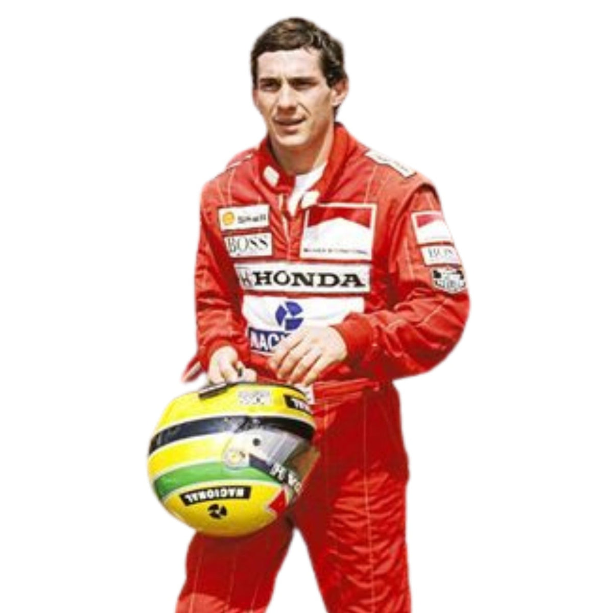 Close up vie of Ayrton Senna 1991 F1 Race Suit McLaren United States GP holding a yellow, green, and black racing helmet, with visible sponsor logos including Shell, Honda, and Mobil 1.