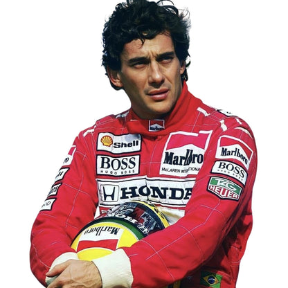 Ayrton Senna 1991 F1 Race Suit McLaren United States GP with various sponsor logos close up view