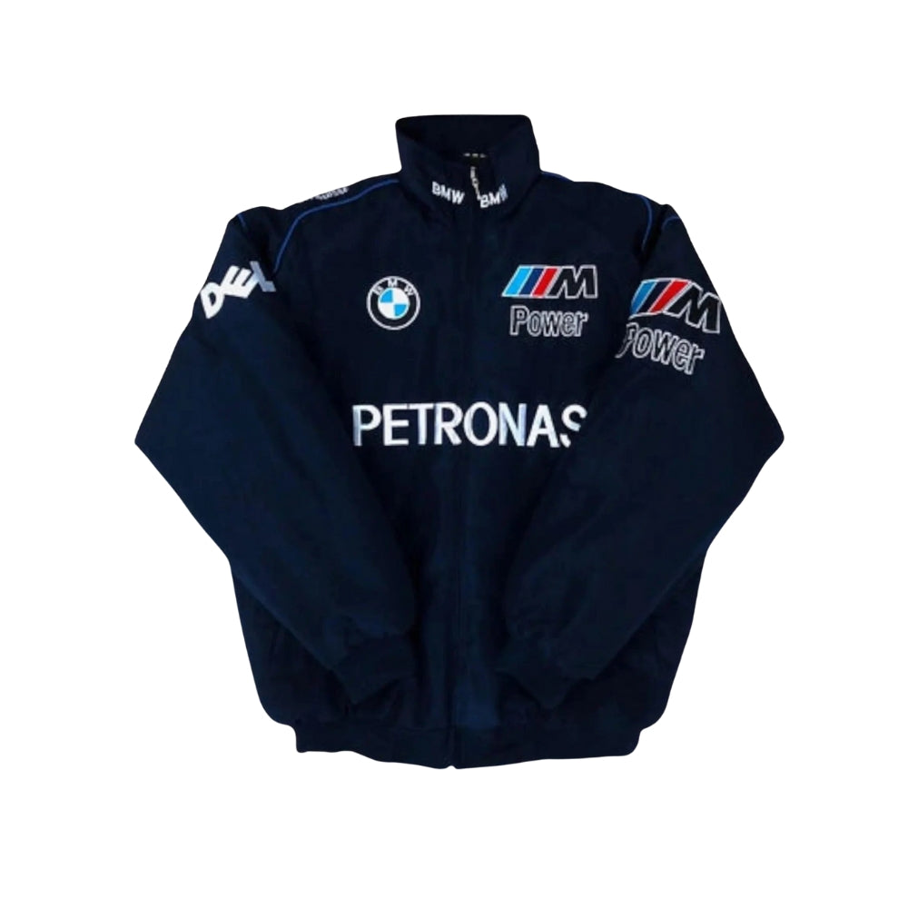 BMW Motorsport Retro F1 Bomber Jacket in retro BMW styling, showing the embroidered chest badge and ribbed collar. Retro race day attire for car meets, circuits and cosplay nights.