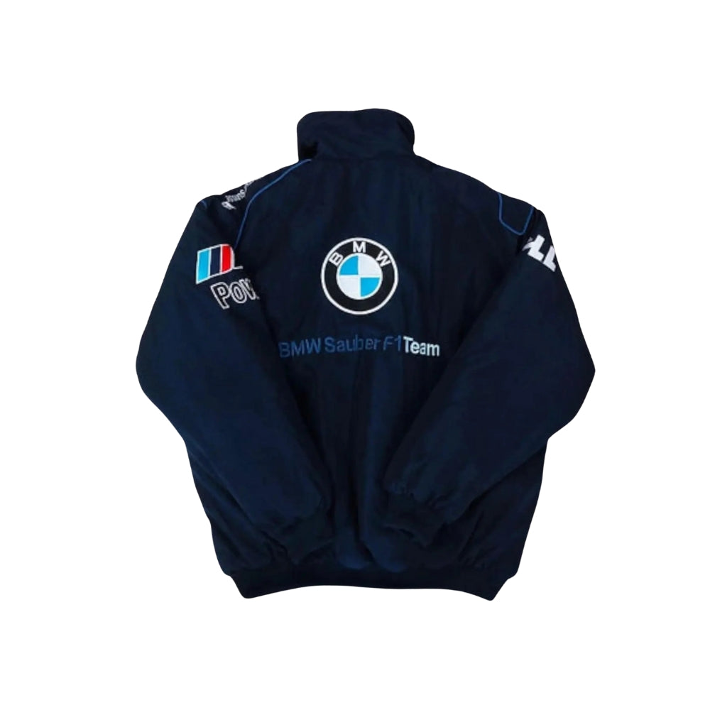 BMW vintage racing jacket, with printed sponsor-style graphics across the sleeves. Vintage racing attire that layers easily over a hoodie or shirt.