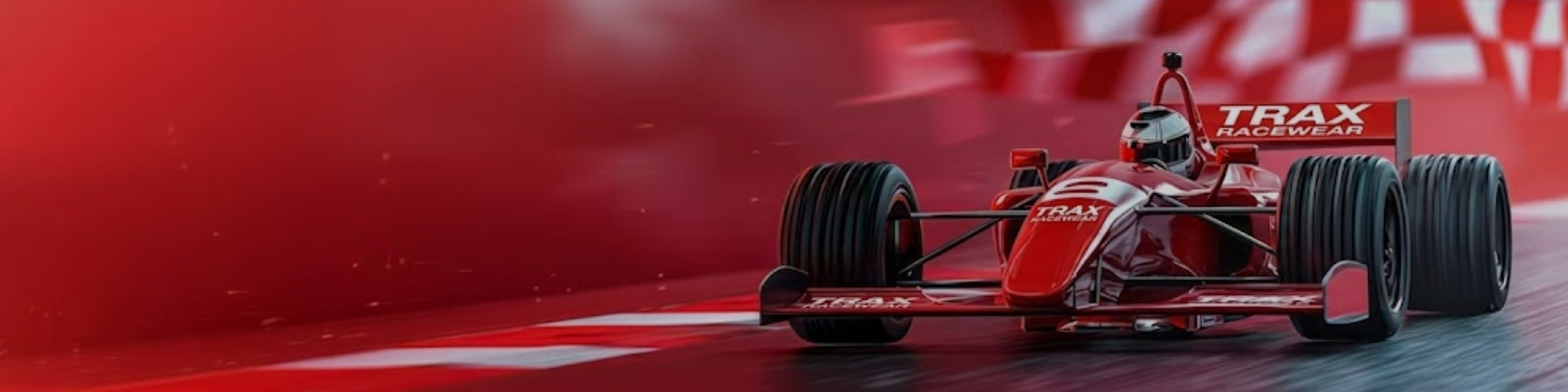 A red Formula 1 race car with visible TRAX branding, shown in motion on a racetrack with a blurred red and white background.