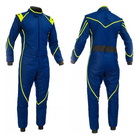 Blue Go-Kart Driver Racing Track Suit Front View