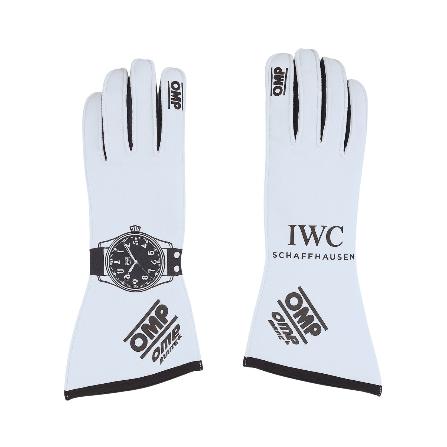 White Brad Pitt 2025 APXGP F1 Replica Race Gloves laid flat, front view, showing the full racing design and replica stitching