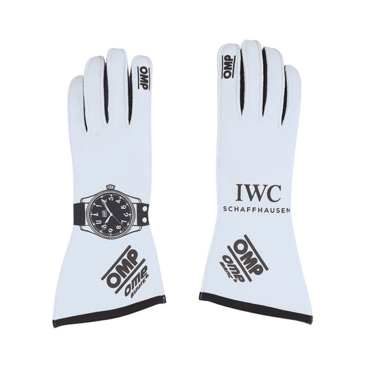 White Brad Pitt 2025 APXGP F1 Replica Race Gloves laid flat, front view, showing the full racing design and replica stitching