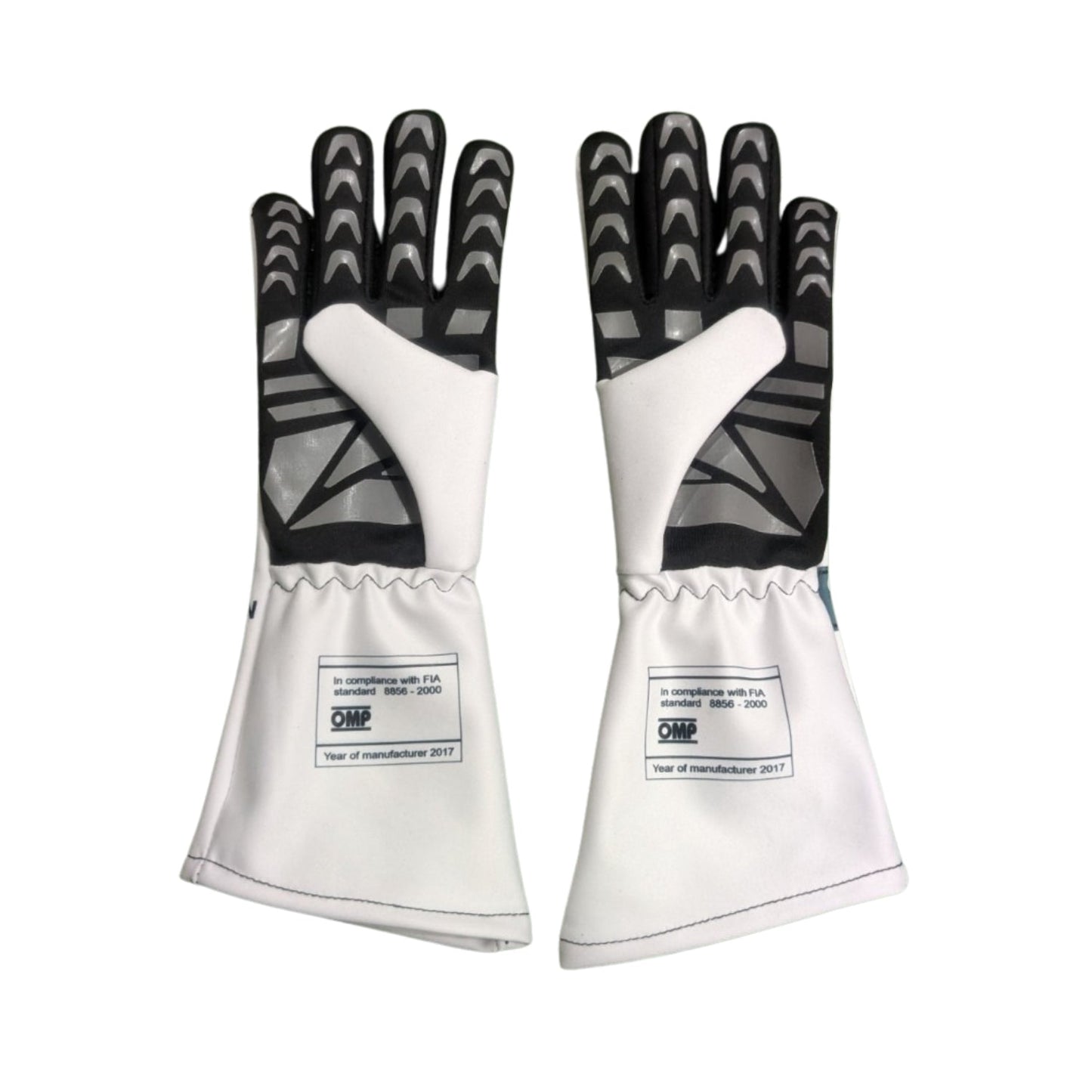 White Brad Pitt 2025 APXGP F1 Replica Race Gloves in close-up detail, showing the palm grip pattern used in GP racing conditions
