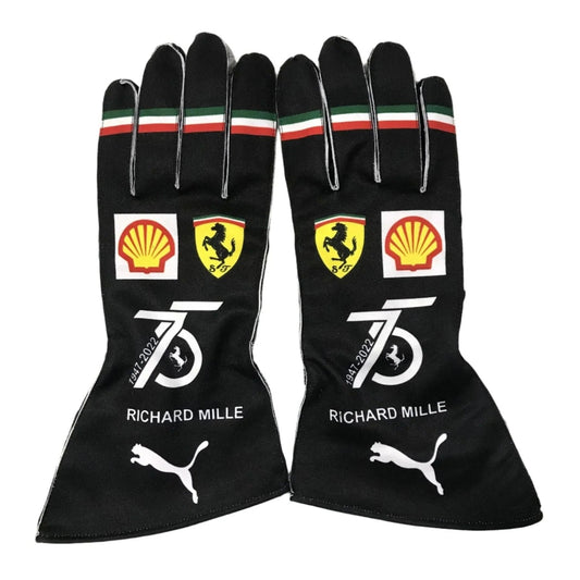 Black Charles Leclerc 2022 Replica Race Gloves F1 Ferrari with Ferrari and Shell logos Back View