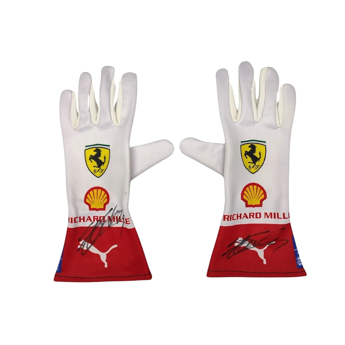 Pair of Charles Leclerc 2023 Monaco GP Race Gloves F1 Ferrari with Ferrari, Shell, and Richard Mille logos front view