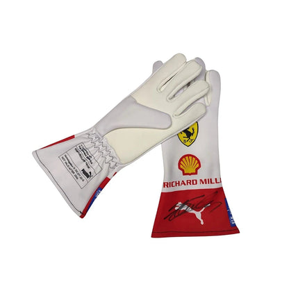 White Charles Leclerc 2023 Monaco GP Race Gloves F1 Ferrari with red and blue accents featuring sponsor logos front and back view.