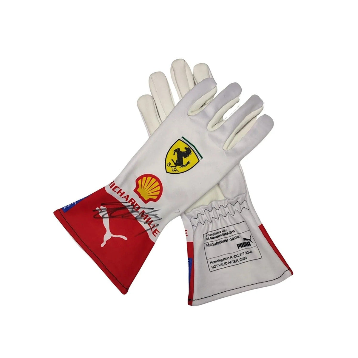 Pair of Charles Leclerc 2023 Monaco GP Race Gloves F1 Ferrari with Ferrari, Shell, and Michelin logos front and back view.