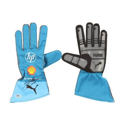 Blue Charles Leclerc 2024 Ferrari Miami GP F1 Race Gloves laid flat, front view, showing the full racing design and replica stitching