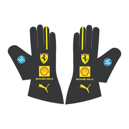 Black Charles Leclerc 2024 Ferrari Monza GP F1 Race Gloves laid flat, front view, showing the full racing design and replica stitching