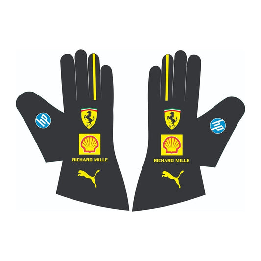 Black Charles Leclerc 2024 Ferrari Monza GP F1 Race Gloves laid flat, front view, showing the full racing design and replica stitching
