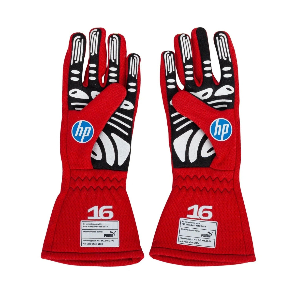 Pair of red Charles Leclerc 2024 Race Gloves Replica F1 Ferrari with HP logo front view