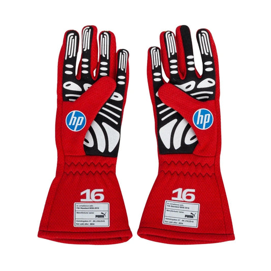 Pair of red Charles Leclerc 2024 Race Gloves Replica F1 Ferrari with HP logo front view
