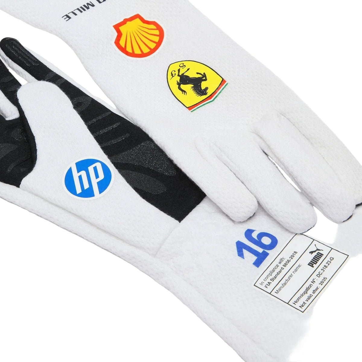 White Charles Leclerc 2025 Miami GP Replica Race Gloves F1 Ferrari with black accents featuring various logos Closeup view