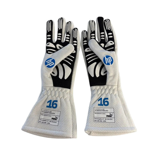 Pair of white and black Charles Leclerc 2025 Monaco GP Race Gloves F1 Ferrari with HP logo front view