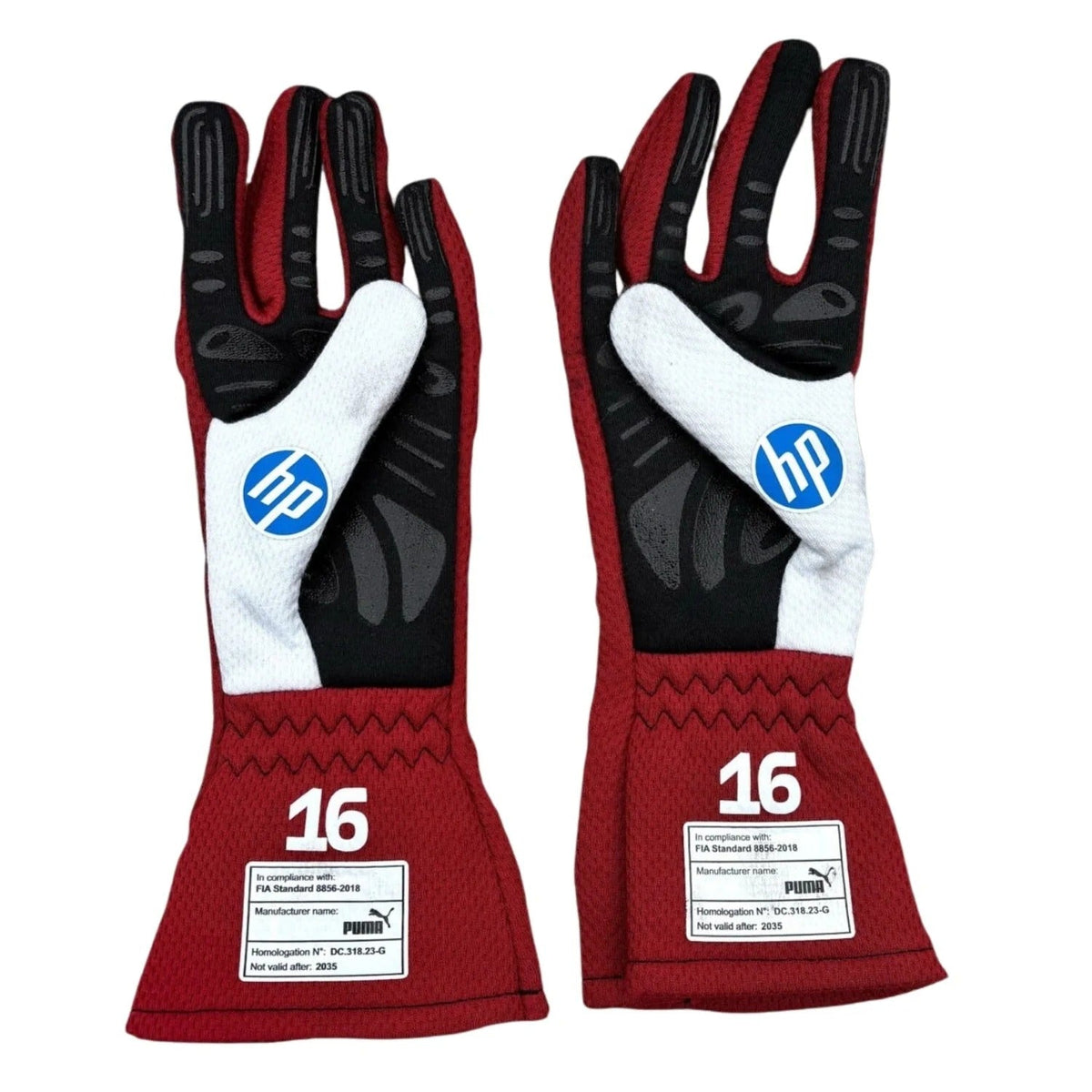 Pair of red, black, and white 	
Charles Leclerc 2025 Race Gloves F1 Ferrari with HP logo front view