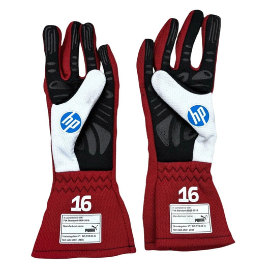 Pair of red, black, and white 	
Charles Leclerc 2025 Race Gloves F1 Ferrari with HP logo front view