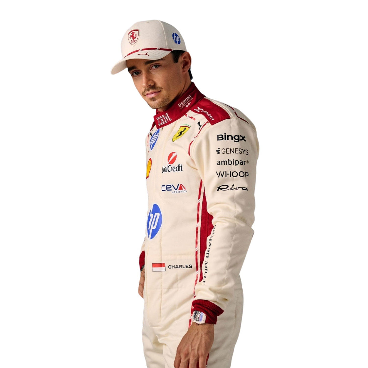 Charles Leclerc 2026 F1 Race Costume Ferrari Monaco GP with various sponsor logos Left Side Close Up