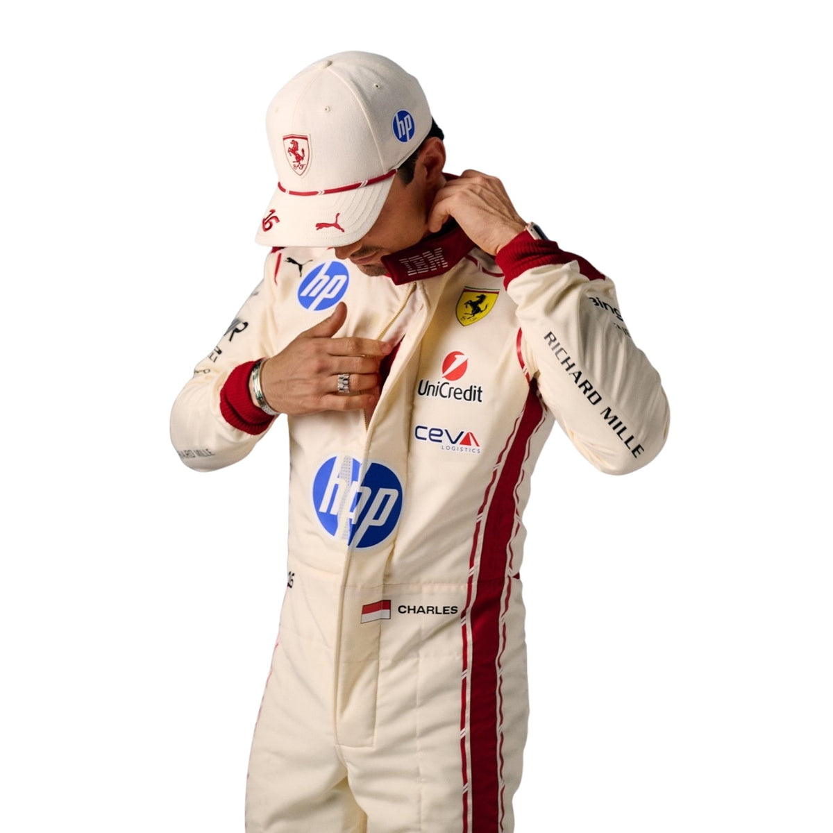 Charles Leclerc 2026 F1 Race Costume Ferrari Monaco GP with multiple brand logos Close Up View