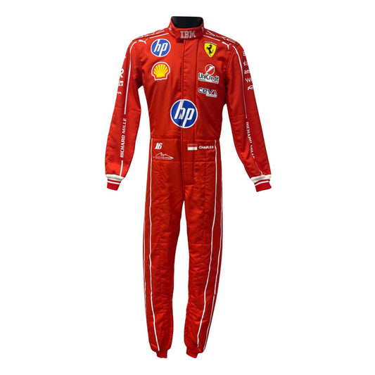 A red Ferrari racing suit with sponsor logos including HP, Shell, and Lancer, shown on a plain white background.