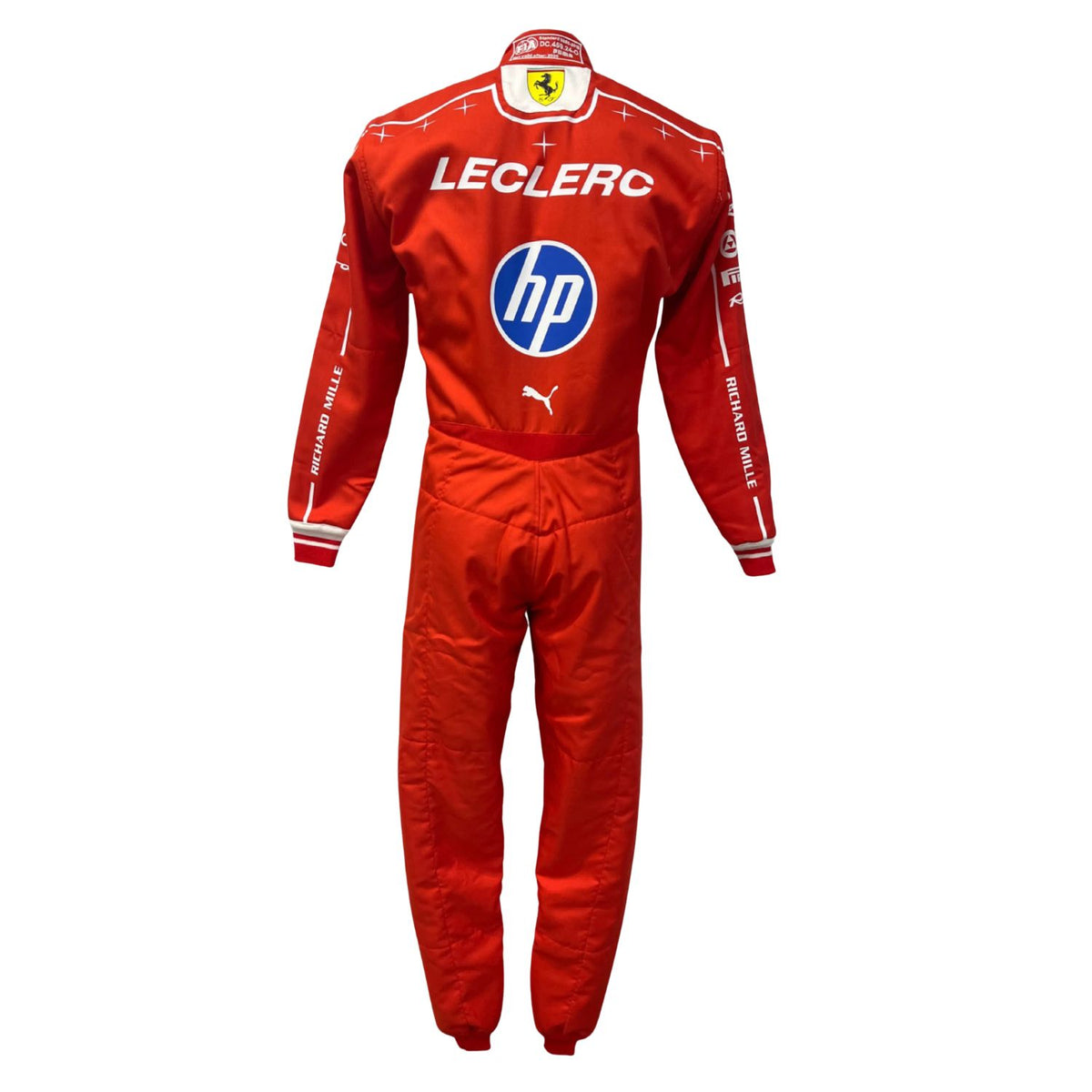 A red full-body racing suit with long sleeves and pants, featuring prominent white Leclerc and HP logos on the chest, Puma branding, and sponsor text, shown against a plain white background.