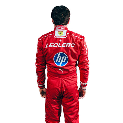 A Charles Leclerc viewed from behind wearing a red racing suit with 'LECLERC' and the HP logo on the back, on a plain white background.