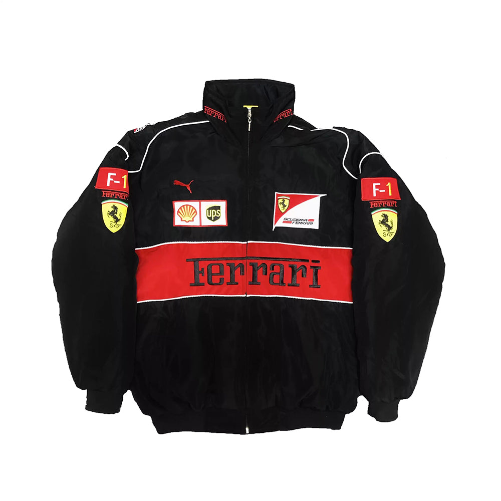 Ferrari Reality Racing Retro Jacket V2 in retro Ferrari styling, with printed sponsor-style graphics across the sleeves. Old-school racing style for everyday wear.