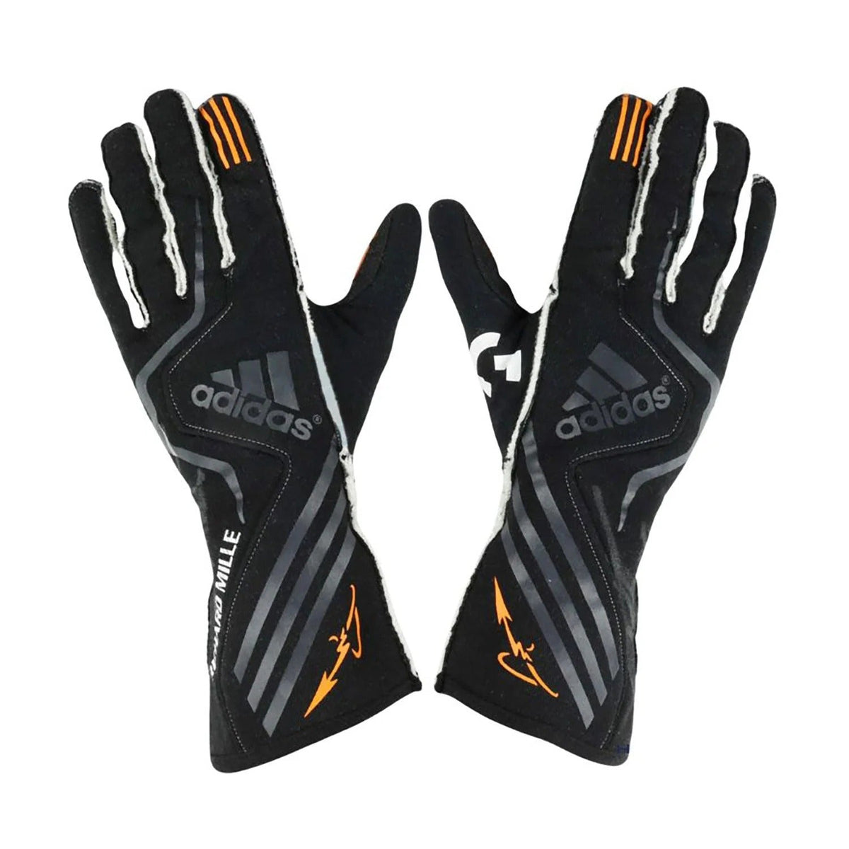 A pair of black Adidas Fernando Alonso 2017 Race Gloves Replica F1 McLaren with gray stripes, white trim, and orange accents, displayed back view