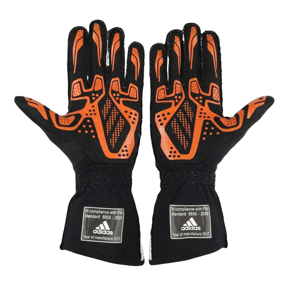 Black and orange Fernando Alonso 2017 Race Gloves Replica F1 McLaren with Adidas logo front view