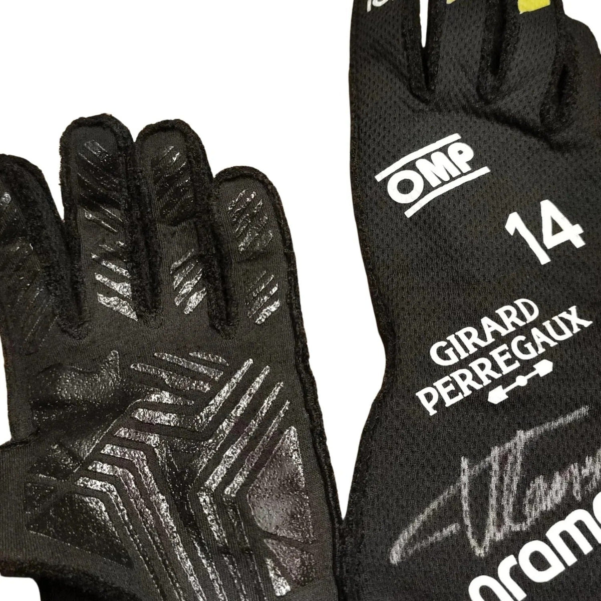 A pair of black Fernando Alonso 2024 Race Gloves F1 Aston Martin shown against a white background, displaying both the textured grip side and the printed side with white text including 'OMP', '14', 'GIRARD PERREGAUX', and a signature.