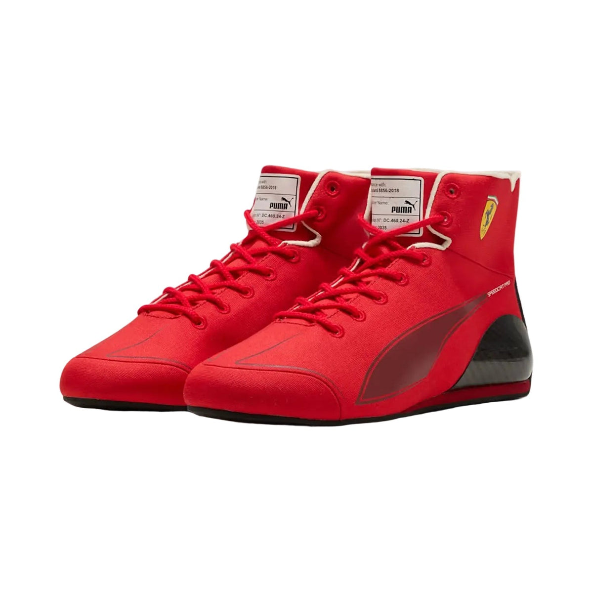 20 Years of Red F1 Racing Shoes Replica in red and black, showing the heel detail and soft lining. A sporty finish for a cosplay outfit or a circuit visit.