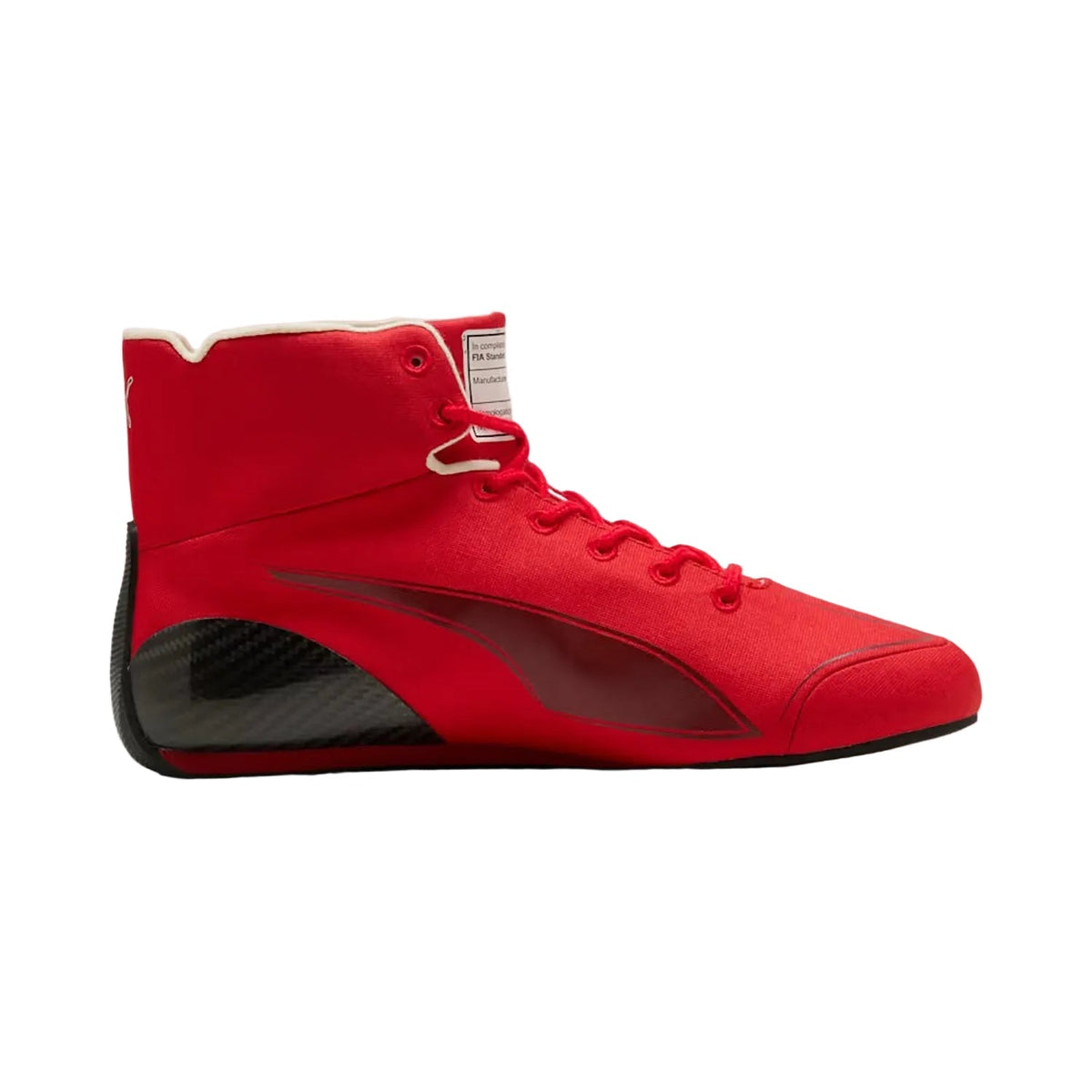 Ferrari anniversary edition fan shoes, showing the grippy tread and light build. Race day attire footwear that matches any racing jumpsuit.
