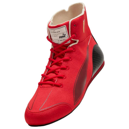 red and black racing shoes for Ferrari supporters, showing the laced front and padded collar. Comfortable fan shoes for supporters, karters and collectors.